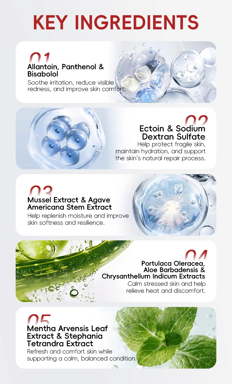 Infographic showcasing five skincare ingredients with descriptions of their benefits, including allantoin, ectoin, mussel extract, portulaca oleracea, and mentha leaf extract.